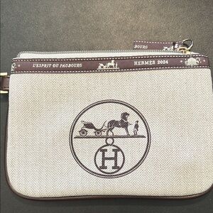 NIB Upcycled Hermès Beige and Brown Clutch/Wristlet